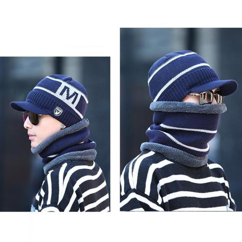 Winter Men's Hats and Collars Fashion Korean Letters Printed Knitted Hats Cold-proof Ear Protection Plus Fluffy Line Caps