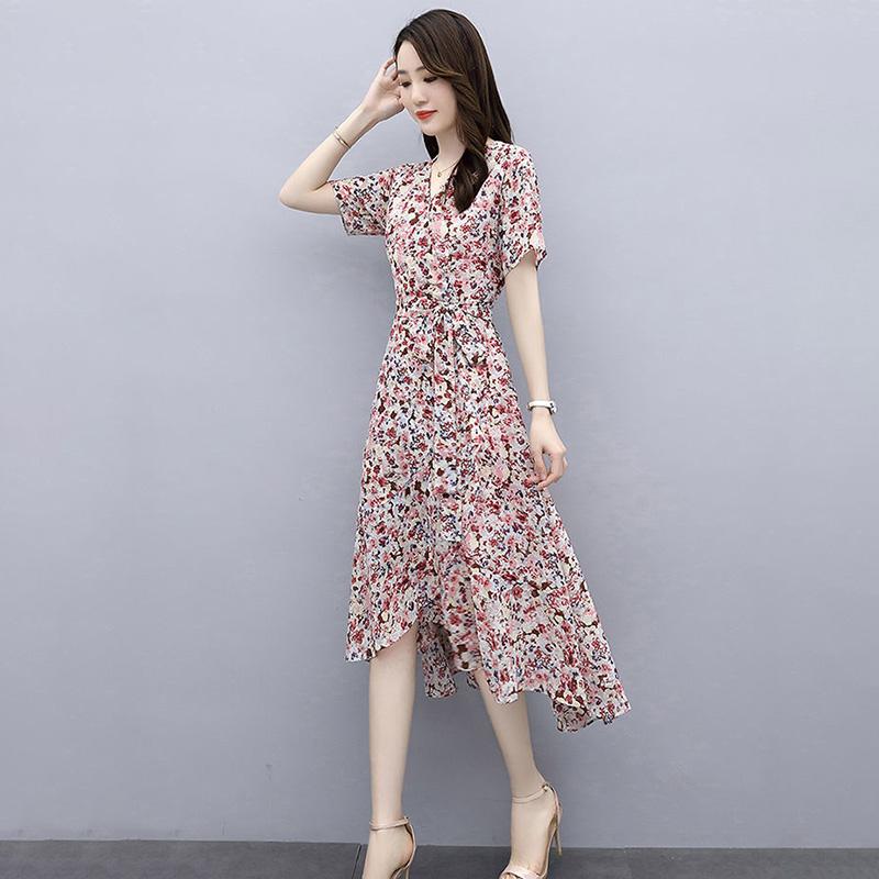 Chiffon Dress Feminine Temperament Elegant Waist Thin French Floral Long Skirt Can Be Belted Slimming Thin Ladies Chiffon Dress