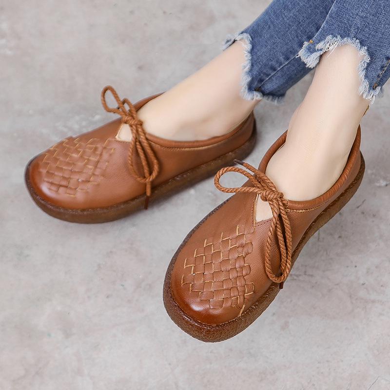 Retro Women Loafers Genuine Leather Flat Shoes Slip On Soft and Comfortable Lace Up Casual Shoes for Ladies