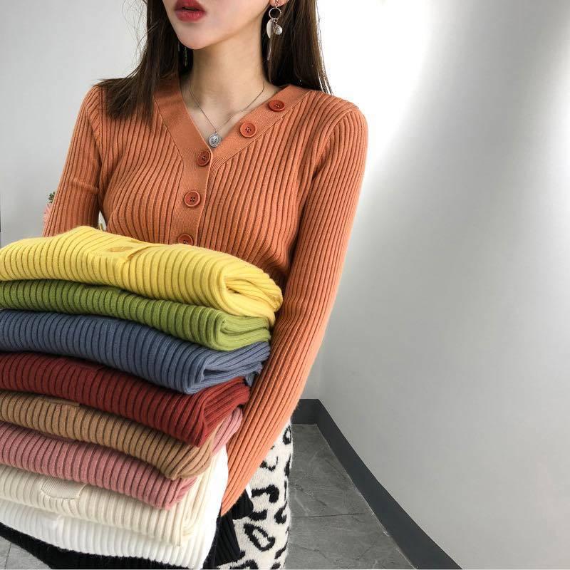 Pofulove Girly V- Neck Button Pullover Long Sleeve Sweater Women Solid Color Slim Waist Knitwear