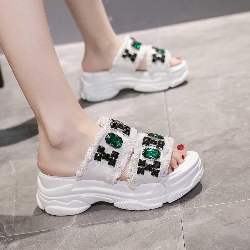 Size35-39 Summer Women Slippers Bohemian Beach Wear-resistant Non-slip Slippers Wedge Platform Rhinestone Sandals Outdoor Crystal High Heels