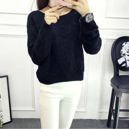 Spring and Autumn Women's Round Neck Loose Short Sweater Fashion Long Sleeve Solid Color Sweater