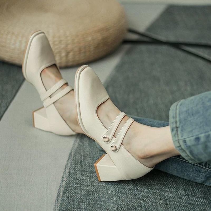 Single Shoes Women's Autumn One-step Thick Heel Casual Sweet Shallow Mouth Square Toe All-match Mary Jane Shoes Women