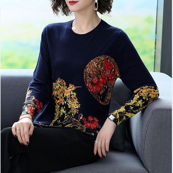 Women's High-end Cashmere Sweater Vintage Ethnic Printed Woollen Sweater  Knit Bottoming Sweater Autumn Winter Plus Size Loose Jumper