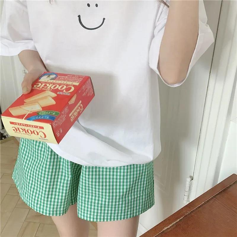 2PCS Ins Summer Smiley Print White T Short Sleeves + Plaid Shorts Pajamas Home Clothes Two-piece Suit Women Go Out Casual Suit Athletic Clothing Sets