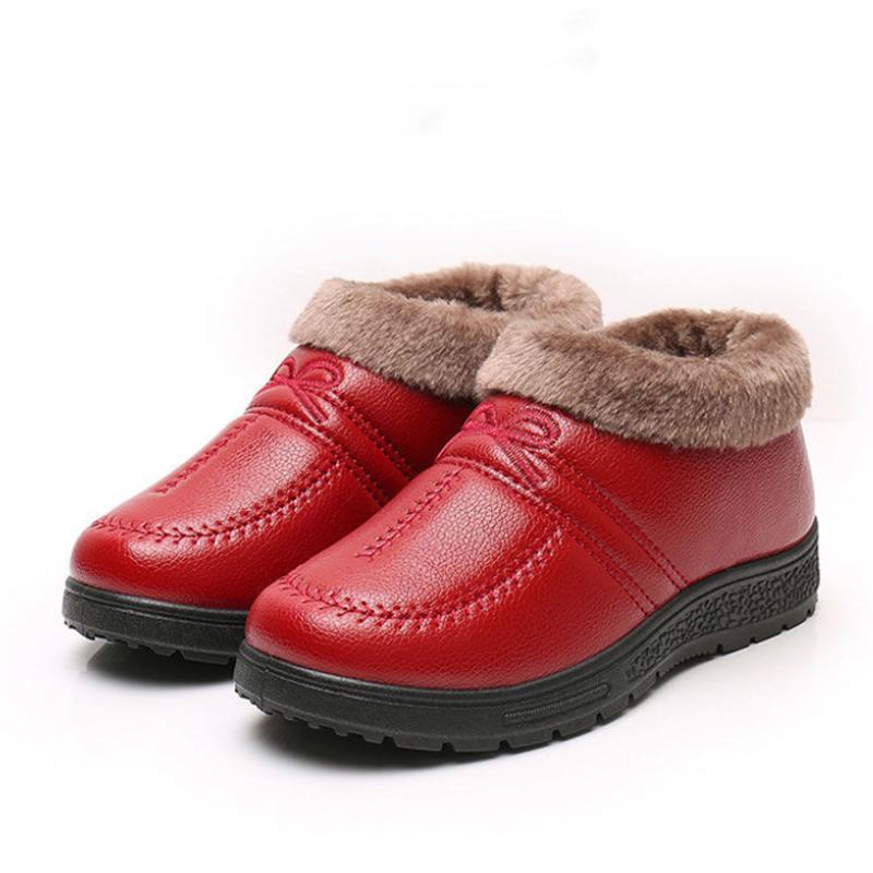 Winter Plus Velvet Warm Cotton Shoes Women's PU Waterproof Non-slip Mother Shoes Comfortable and Lightweight Flat Low-heel Snow Shoes
