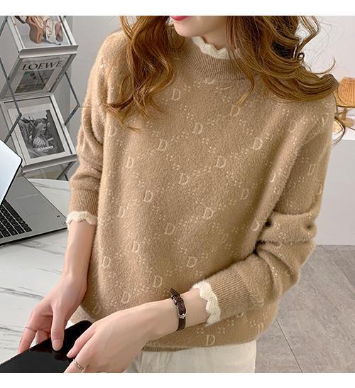 Faux Mink Fleece Sweater Thickened Warm Lace Half Turtleneck Knit Sweater Soft Loose Women's Plus Size Sweater