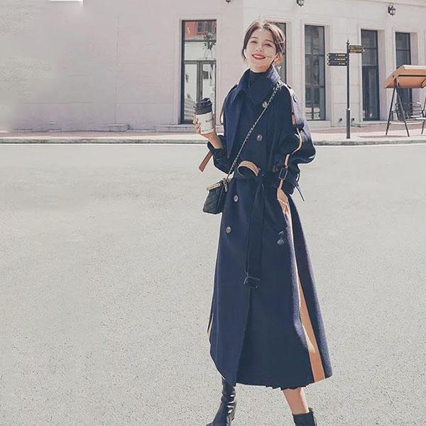 Winter Plus Cotton Thick Warmth Contrast Stitching Woolen Coat Women's Mid-length Thin Loose Over-the-knee Woolen Coat