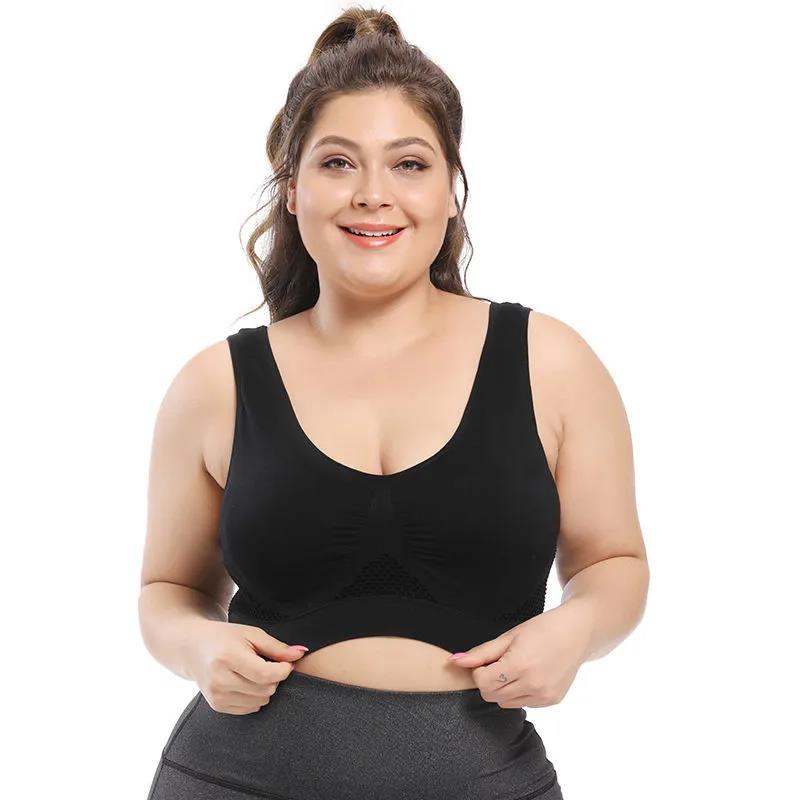 Women's Plus Size Seamless Bra with Pads Solid Color Breathable Bra Hollow Out Sports Yoga No Wire Gathering Vest Bra