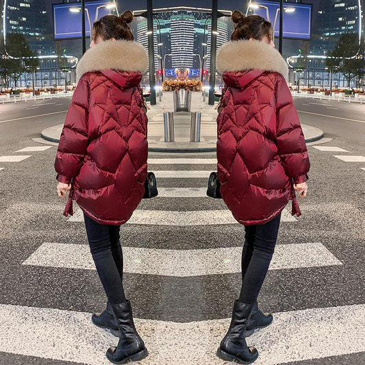 Winter Fashion Trend Women's Small Mid-length Big Fur Collar White Duck Down Padded Jacket