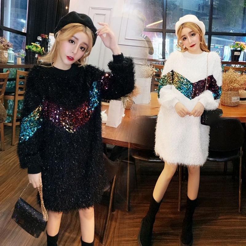 Autumn and Winter Fashion Loose Coat Half High Neck Sequined Tassel Sweater Mid-length Base Dress Women
