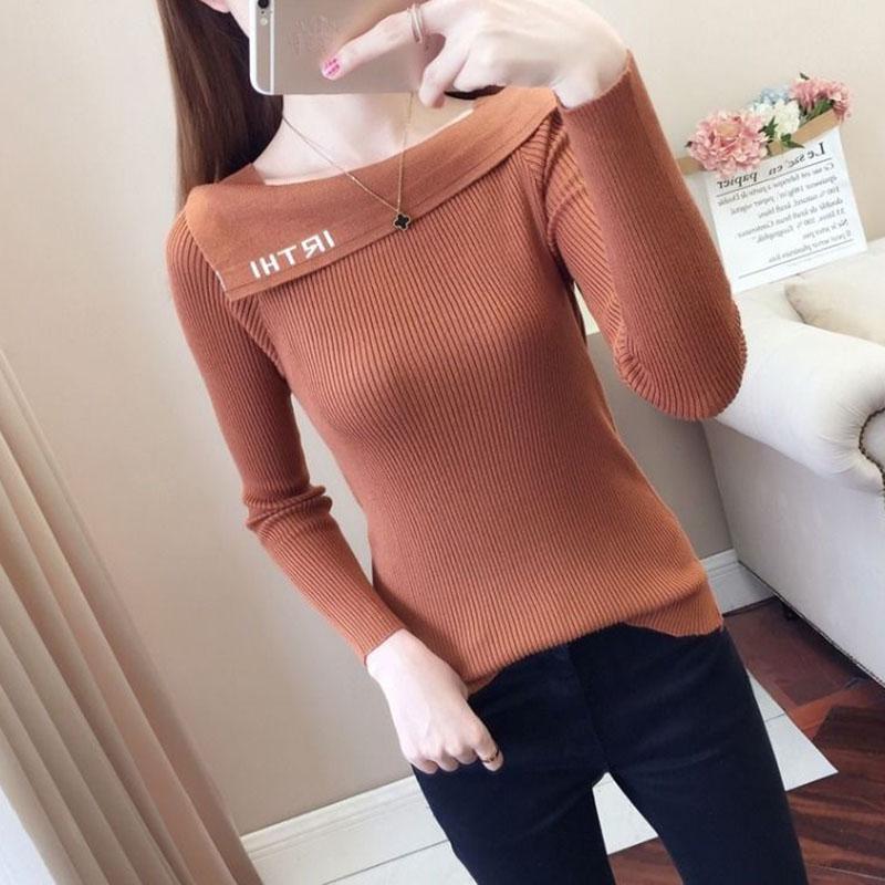 Autumn Winter Women's Boat Neck  Sweater Korean Style All-mach Striped Sweater Slim Long-sleeve Bottoming Top