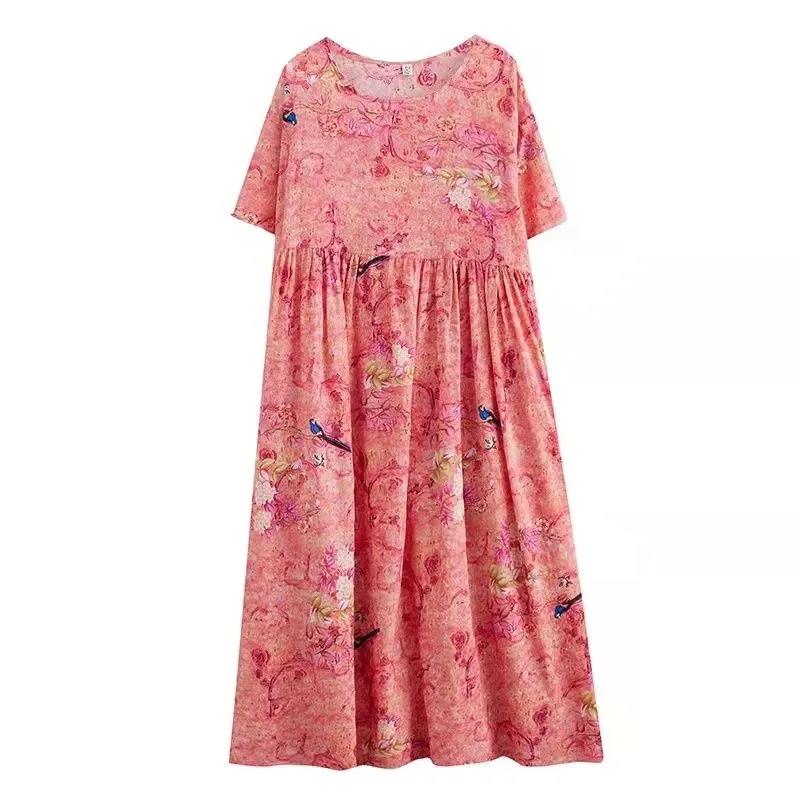 Women's Clothing Long Dress with Pockets and Big Swing Summer Plus Size Loose and Thin Retro Short-sleeved