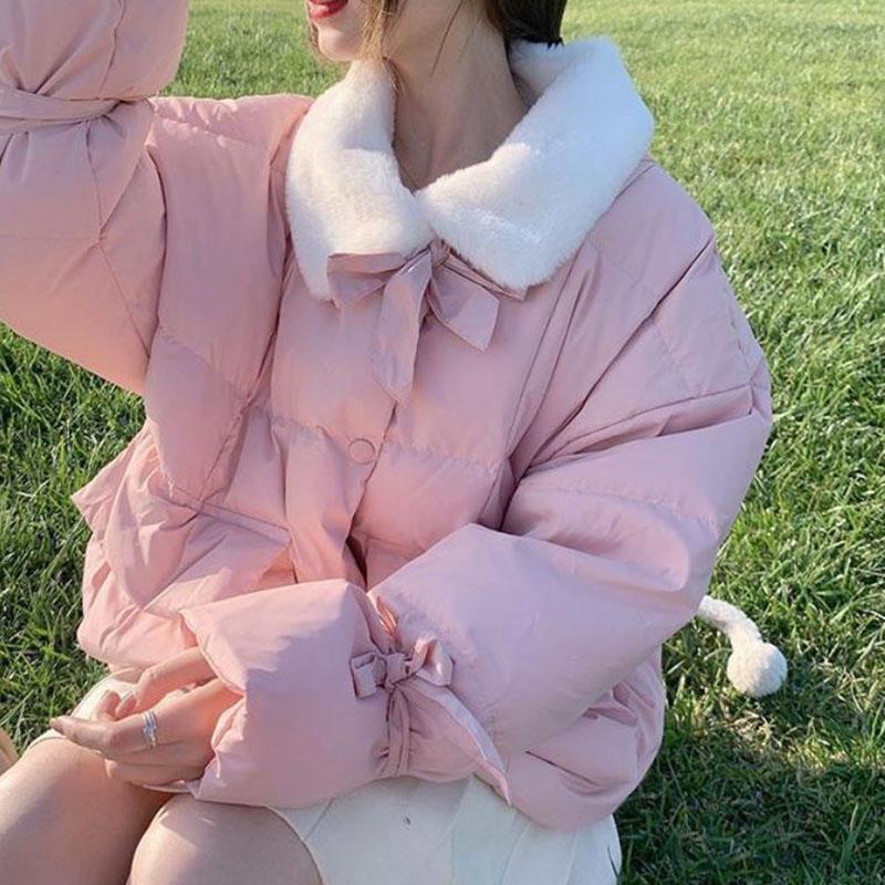 Winter Women's Down Jacket Korean Fashion Bow-knot Stand-up Collar Cotton-padded Jacket Warmth Short Cotton Jacket