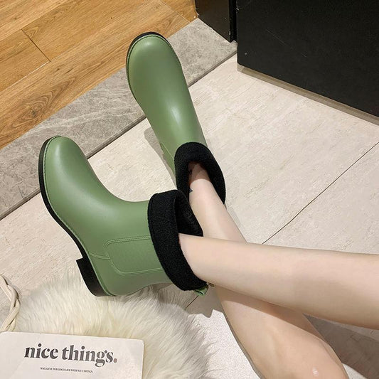 Rain Boots Women's Mid-tube Plus Velvet Non-slip Waterproof Shoes Short-tube Rain Boots Warm Rubber Shoes