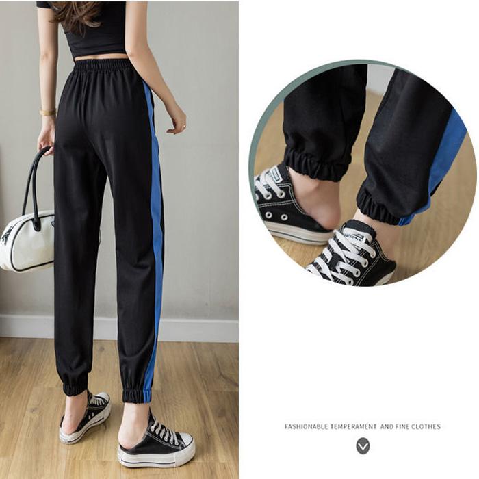 WTEMPO Stitching Stripes Sport Pants Elastic Waist Joggers Casyal Women Long Sweatpants Loose Casual Solid Color Baggy Trousers