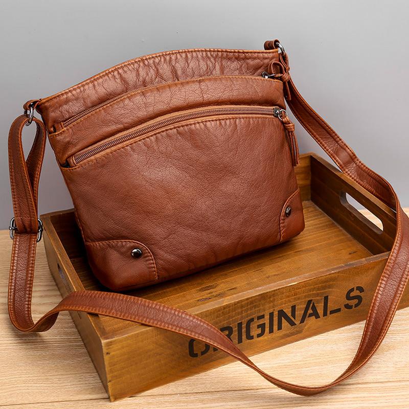 New Soft PU Leather Shoulder Bag Women Retro Messenger Bag Casual Multi-zipper Female Crossbody Bag Large Capacity Daily Handbag Satchel