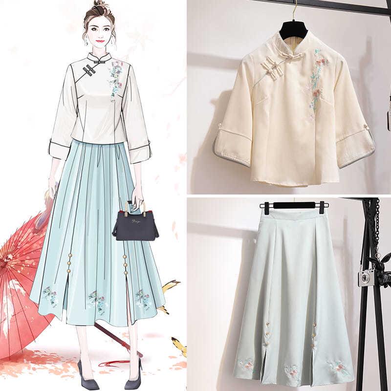 Female Han Chinese Clothing Suit Mandarin Collar Blouse Embroidered Skirt Suit