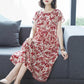 Women's Summer Short Sleeve Mid Length Floral Large Size Dress Slim A-line Skirt