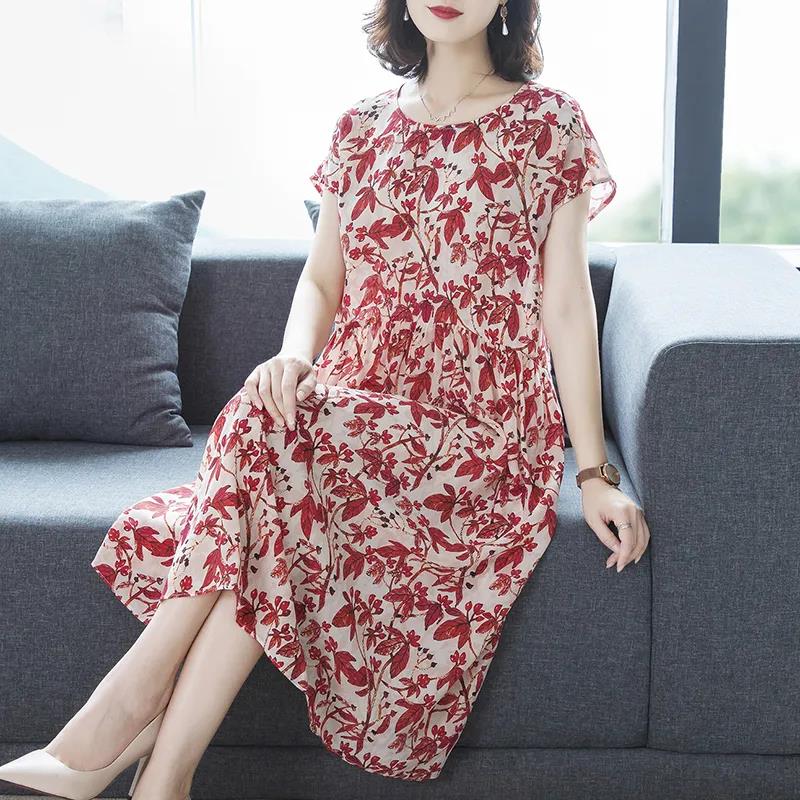 Women's Summer Short Sleeve Mid Length Floral Large Size Dress Slim A-line Skirt