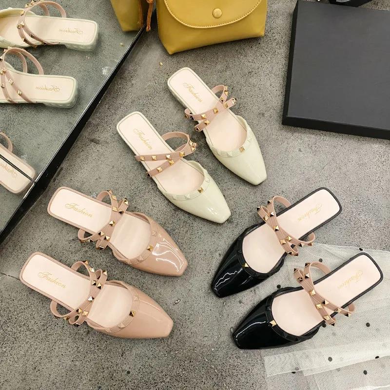 Office Ladies Summer Autumn Large Size Non-slip Baotou Slippers Women's Spring Solid Color Low Heel Rhinestones Single Shoes