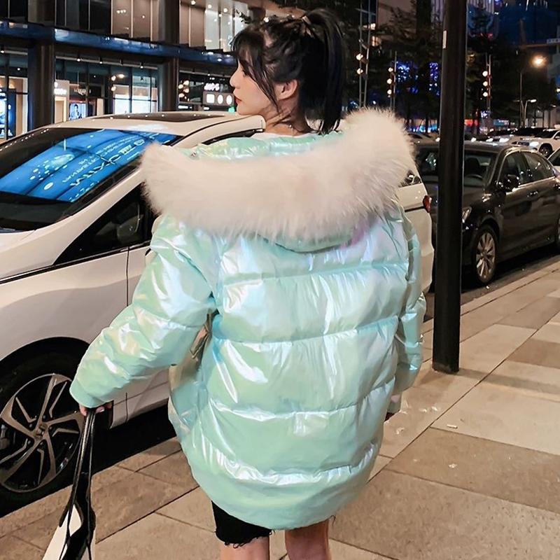 Women's Glossy Loose Down Jacket Mid-length Korean Thick Coat Warm Cotton Coat with Big Fur Collar Winter Quilted Jacket