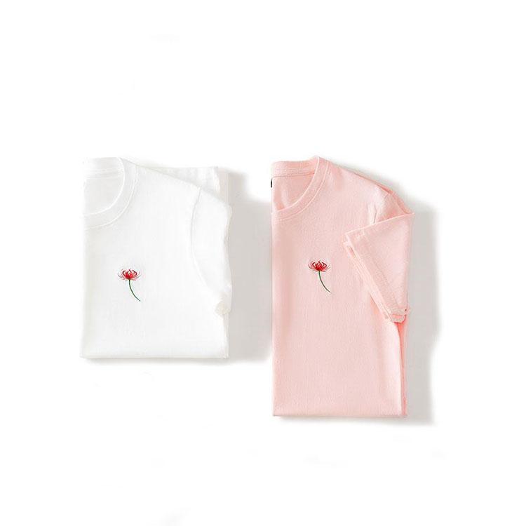 Solid Color Flower Pattern Embroidery Women T Shirt Cotton Tee Lady Girl Top Hipster T-Shirts