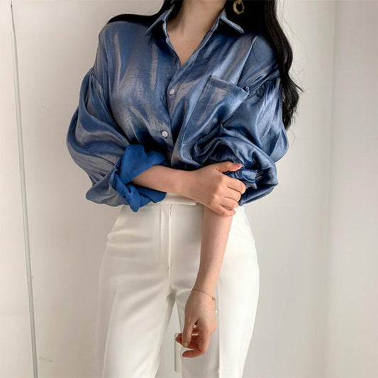Women Lapel Long Sleeve Elegant Retro Solid Color Satin Korea Blouse