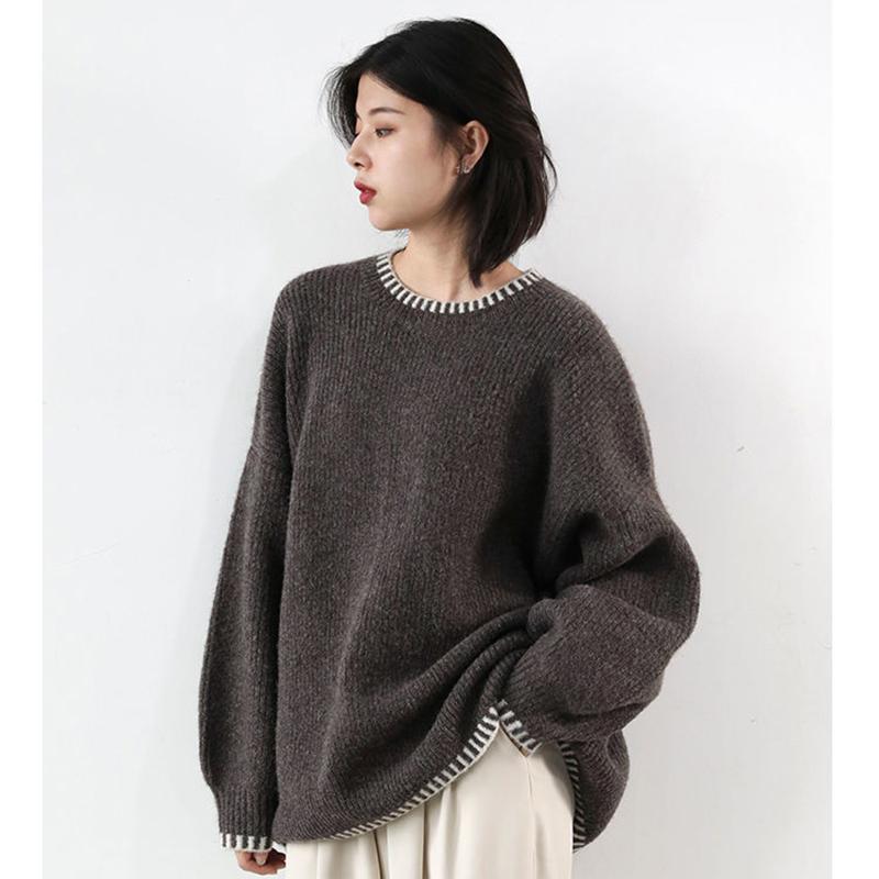 Large Size Knitted Sweater Women Autumn and Winter Loose and Lazy Retro Hit Color Pullover Round Neck Sweater