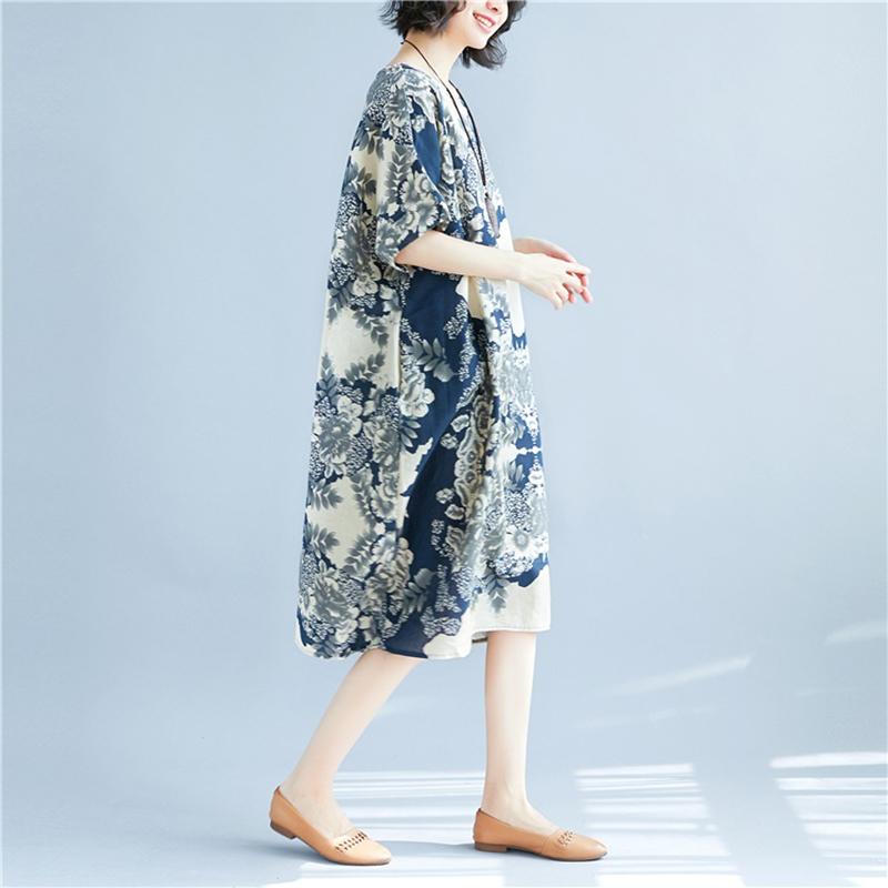 WTEMPO Plus Size Cotton and linen Flower Printing Women Dress Summer Short Sleeve Round Neck Long Dress Casual Mid-calf Length