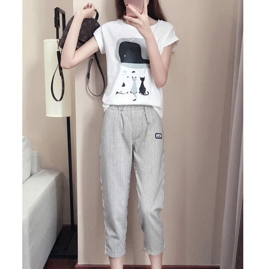 Suit Women Summer Wild Loose Short-sleeved T-shirt + Seven-point Casual Pants Two-piece Casual Suit Women's Home Service Sports Suit