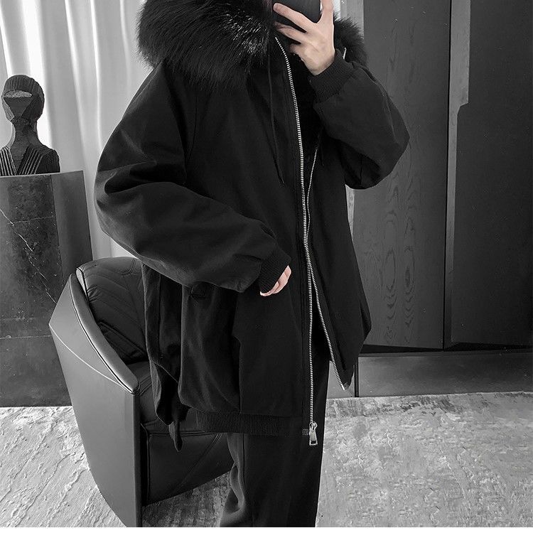 Hooded Big Fur Collar Korean Version of The Trendy Winter Coat for Male Students Loose and Versatile Mid-length Padded Jacket Thick Coat