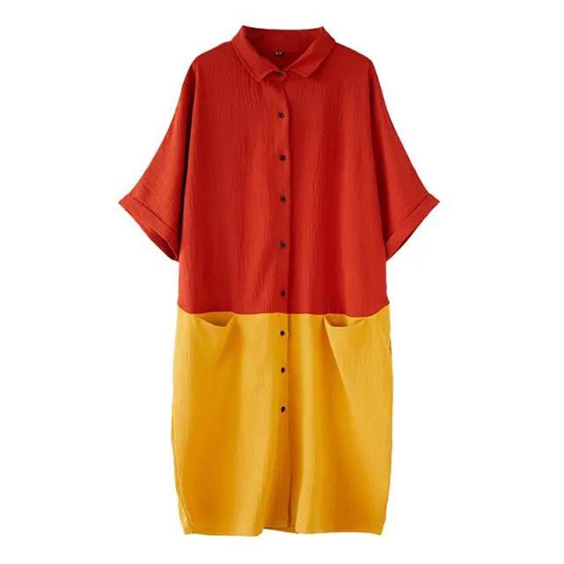 WTEMPO Plus Size Women Dress Summer Turn-down Collar Long Dress Casual Mid-calf Length Color Block Button
