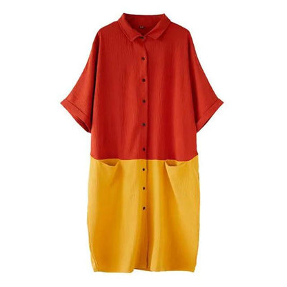 WTEMPO Plus Size Women Dress Summer Turn-down Collar Long Dress Casual Mid-calf Length Color Block Button