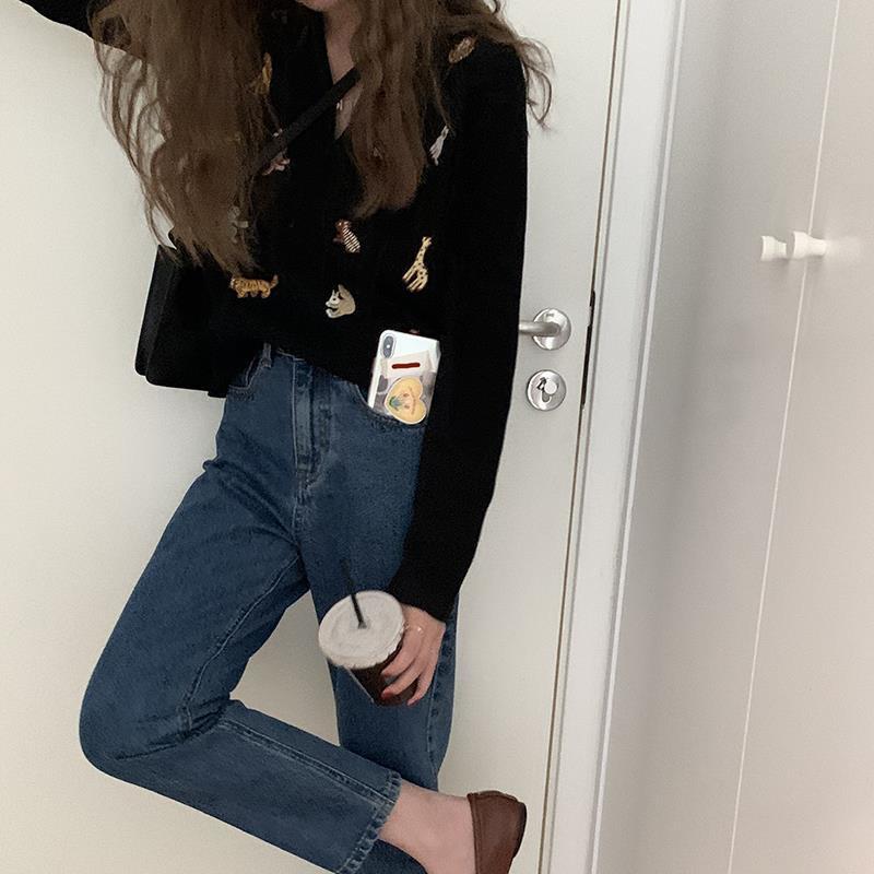 Black Embroidered Knitted Cardigan Women Autumn Long-sleeved Korean Casual Fashion Loose V-neck Pullover Sweater