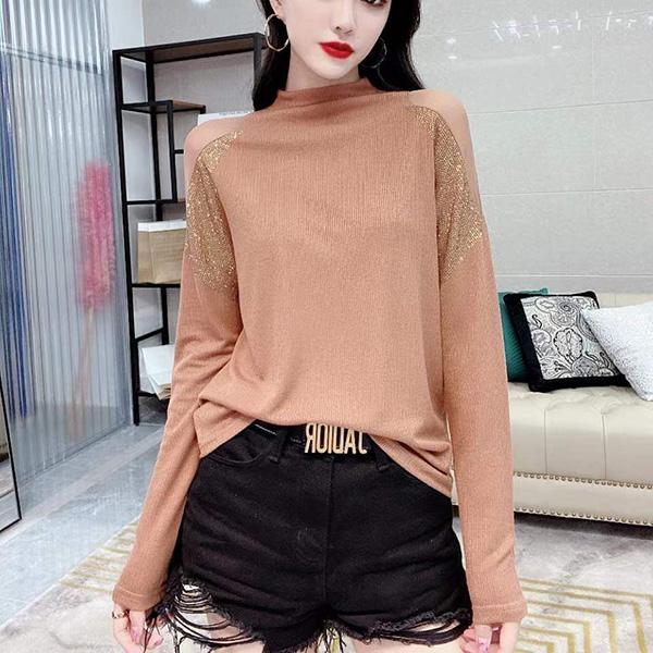 Stitching Long-sleeved Bottoming Shirt Women Half High Neck T-shirt Top Casual Fashion Coat