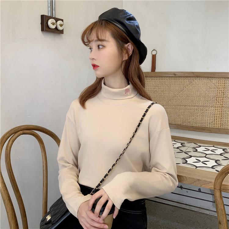 Pofulove Winter Long-sleeved T-shirt Women Plus Velvet Turtleneck Bottoming Shirt Slim Wild Clothes