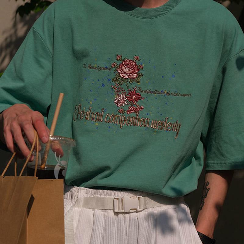Retro Rose Embroidery Short-sleeved T-shirt Men's Summer Ins Trend Loose Round Neck Pullover Top
