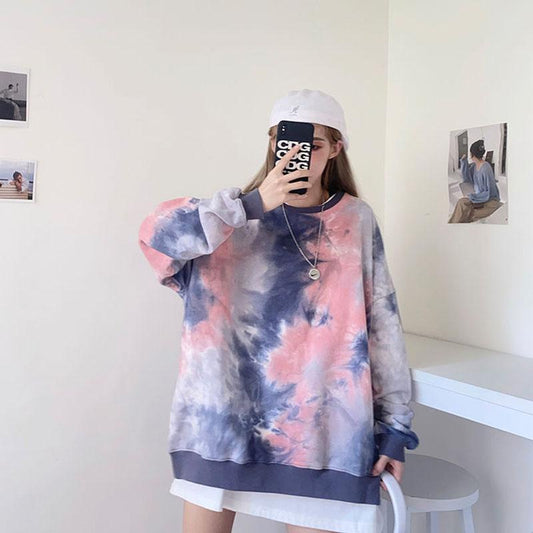 Tie-dye Sweatshirt Women's Mid-length O-neck Pullover Tops Spring  Autumn  Thin Long-sleeved Hoodies