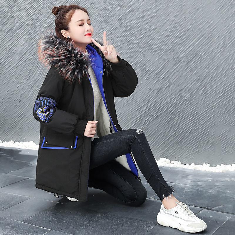 Winter Mid-length Loose Cotton Jacket Korean Version Plus Velvet Thick Coat Embroidery Hit Color Ladies Parkas
