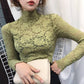 Autumn Winter Half High Neck Lace Bottom Blouse Sexy Hollow Out Long Sleeve Slim Pullover Shirt
