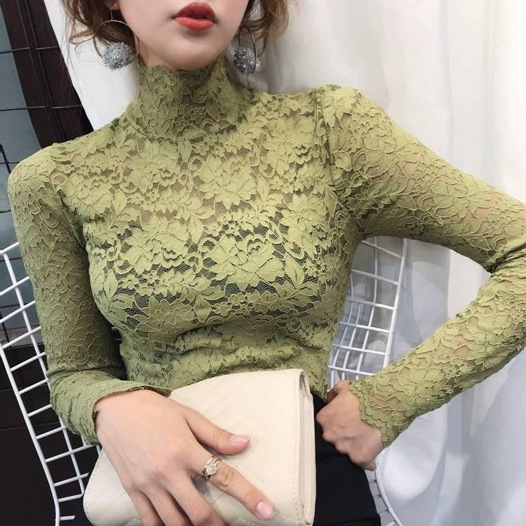 Autumn Winter Half High Neck Lace Bottom Blouse Sexy Hollow Out Long Sleeve Slim Pullover Shirt