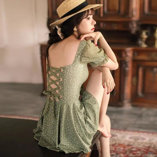 One-piece Skirt Thin Belly-covering Small Breasts Gathered Girls Swimsuit Women's A-line Waist Sweet Sexy Ladies Skirt Swimsuit
