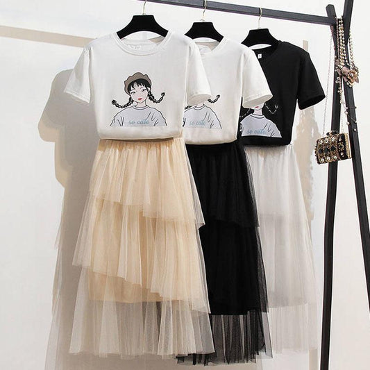 Fashion Summer Women Skirt Suit Printed T-shirt Multilayer Mesh Skirt Two-piece Set Elegant Outfits