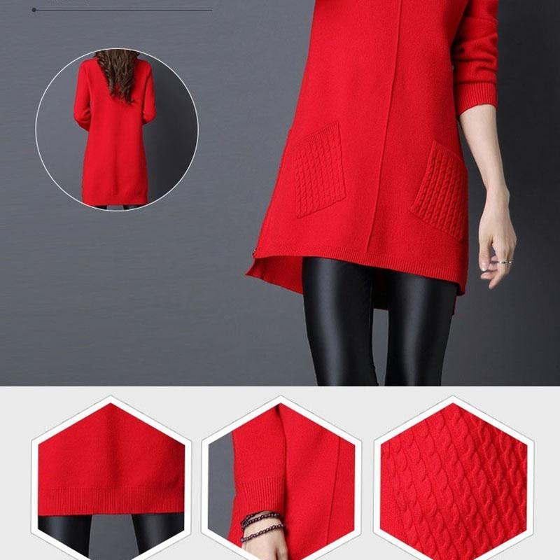 Women's Mid-length Pullover Sweater Loose Simple Irregular Hem Bottoming Sweater  Knitted Sweater Dress  with Pockets
