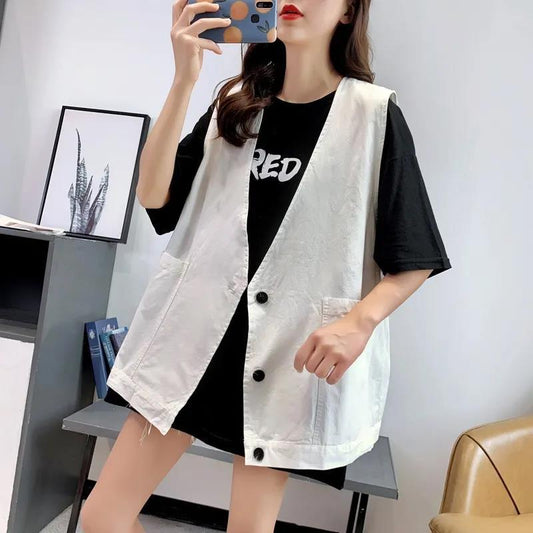 Big Pocket Solid Color Women's Vest Sleeveless Spring and Summer Loose Casual Waistcoat