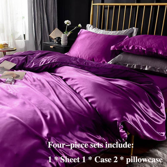Ice Silk Four-piece Double-sided Silk 1.5 M 1.8 M Bed Pillow Linen Is Set In A Sleeve Bed Supplies Simple Solid Color