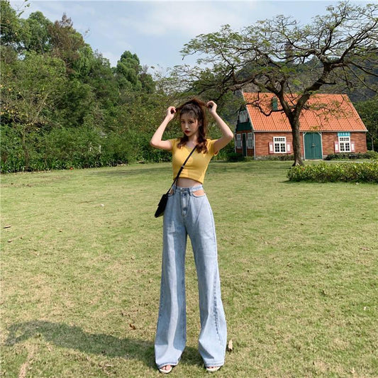 WTEMPO Retro Hollow High Waist Spring Mop Jeans Women Loose Thin Skinny Wide Leg Pants Wild Long Pants