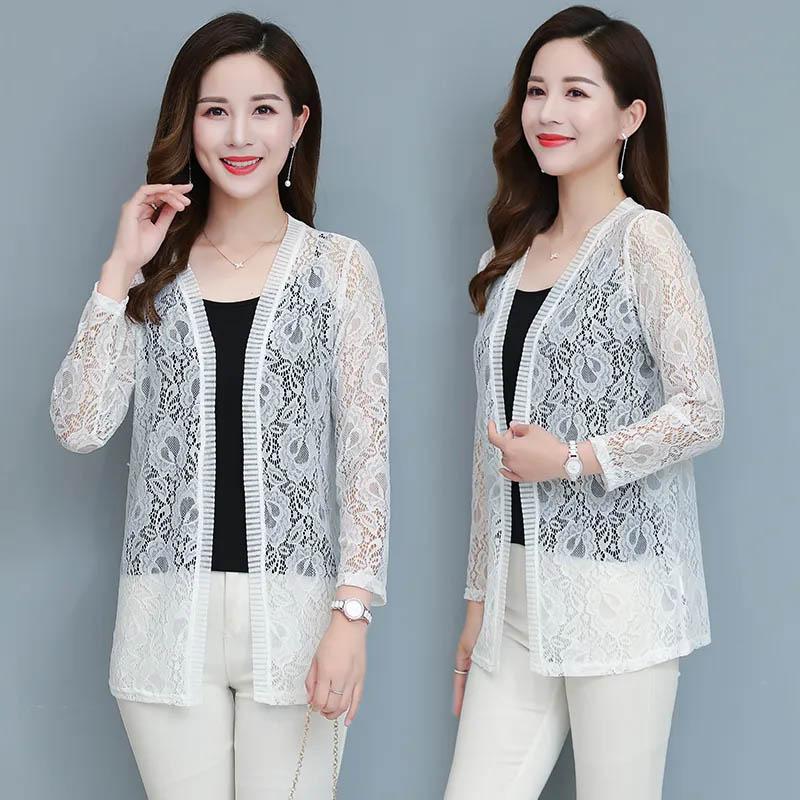 Thin Section Long-sleeved Sunscreen Ladies Summer Breathable Solid Color Chiffon Lace Cardigan All-match Clothing