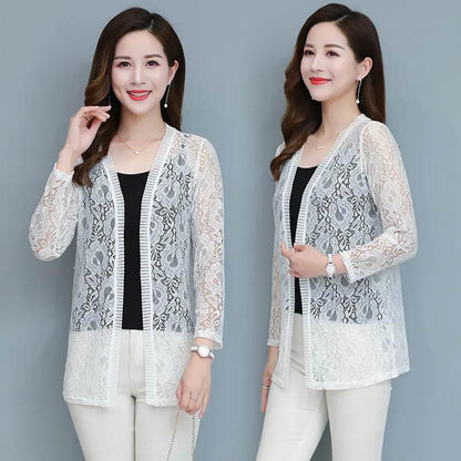 Thin Section Long-sleeved Sunscreen Ladies Summer Breathable Solid Color Chiffon Lace Cardigan All-match Clothing